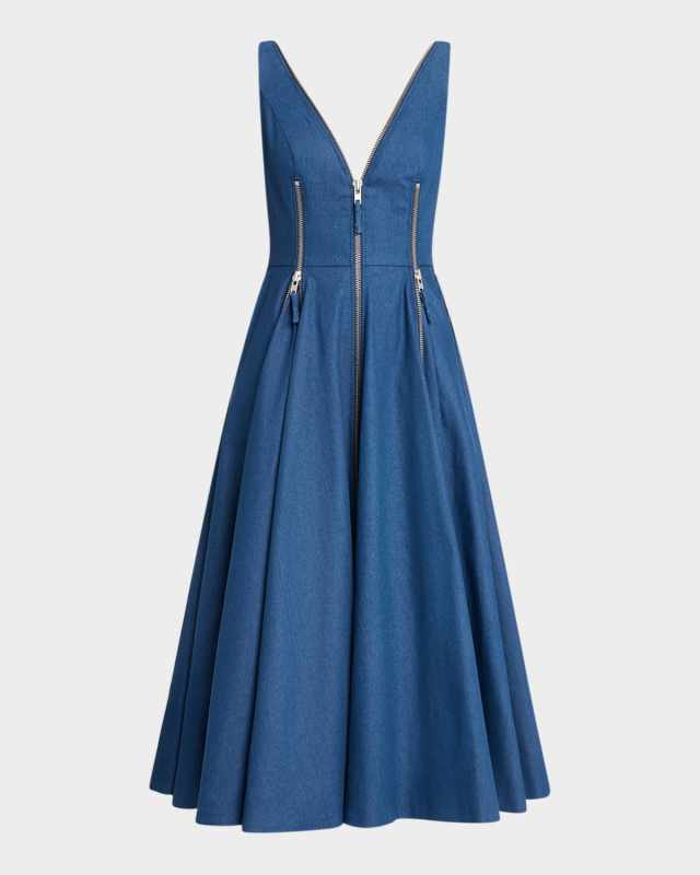 Zipper-Embellished Godet Denim Midi Dress